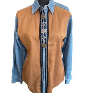 Western Wrangler Denim Suede Button-Up Shirt Silver Accents Womens S Cowgirl